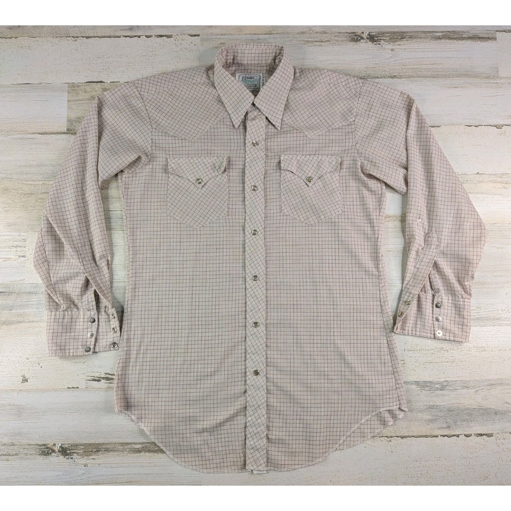 Vintage H Bar C Mens 16 33 Beige Plaid Pearl Snap Western Shirt Distressed
